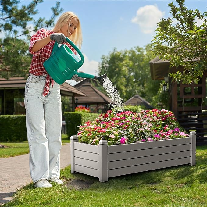 Elevated Raised Garden Bed,Outdoor Large Resin Patio Planter Box Stand Divisible with Drain Plug,Water Monitor for Plants Vegetables Flowers Fruits(Grey)