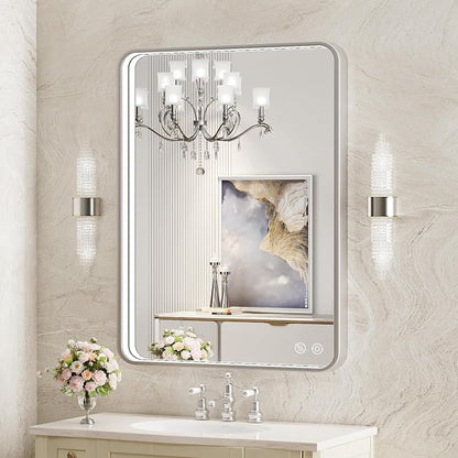 28x36 Inch LED Mirror for Bathroom, Brushed Sliver Metal Frame Lighted Vanity by FTOTI