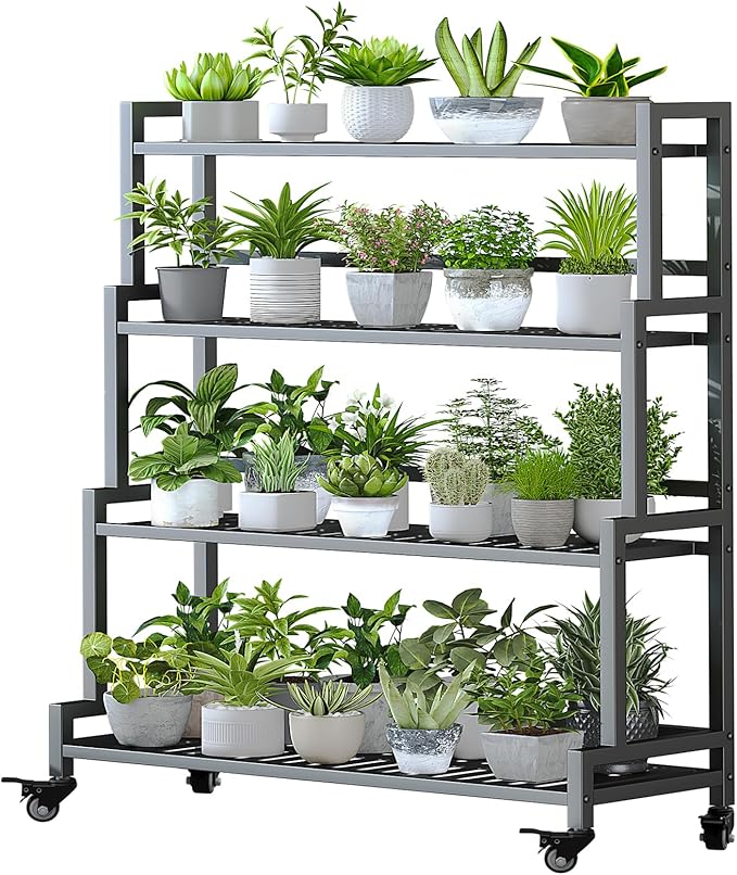 YIZAJIA Plant Stand Indoor 4 Tier Metal Outdoor Tiered Stands Shelf With wheel for Multiple Plants Potted Ladder Plant Holder Table Plant Pot Stand for Window Garden Balcony Living Room (4 Tier-Black)