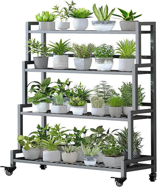 YIZAJIA Plant Stand Indoor 4 Tier Metal Outdoor Tiered Stands Shelf With wheel for Multiple Plants Potted Ladder Plant Holder Table Plant Pot Stand for Window Garden Balcony Living Room (4 Tier-Black)