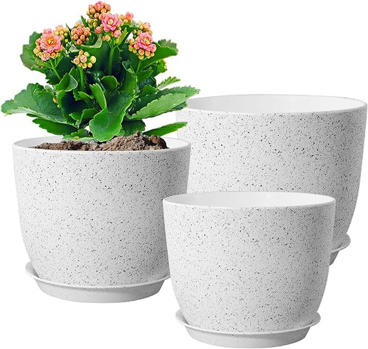 9/8/7.5 inch Flower Pots, Set of 3 Modern Decorative Plastic Planters with Drainage Holes and Saucers for Garden House Plants, Plant Pots for Indoor Outdoor Plants, Speckled White