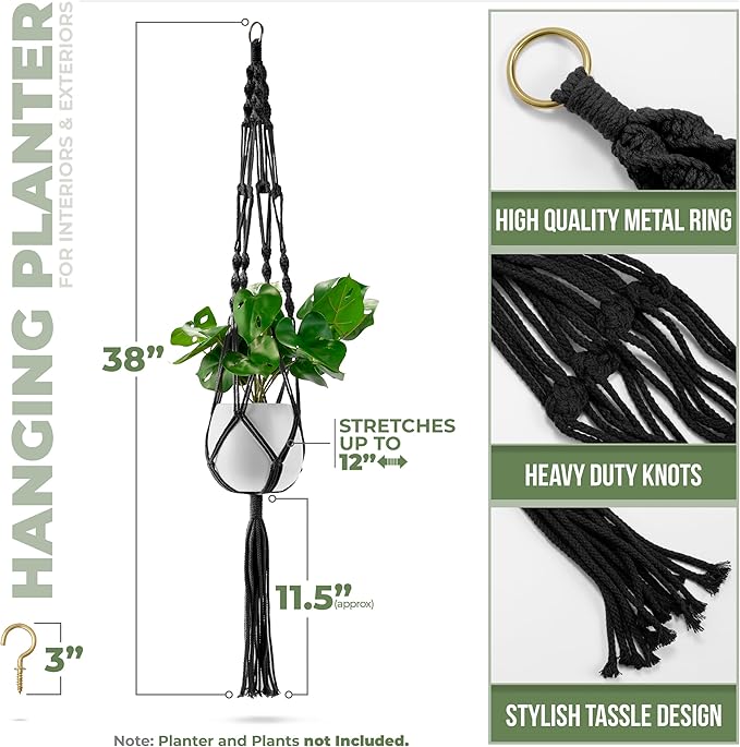 Sorbus Macrame Plant Hanger (6 Pack) Indoor Outdoor Hanging Plant Pots Cotton Rope, Elegant for Home, Patio, Garden (Black)