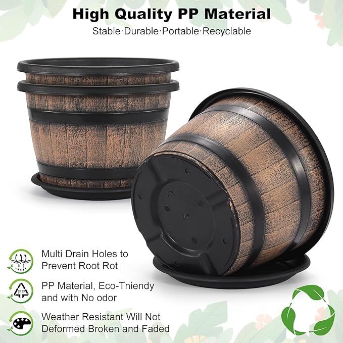 Quarut Large Plastic 3 Pack16 inch Plant Pots,Whiskey Barrel Planters with Drainage Holes & Saucer.Flower Pots Imitation Wine Barrel Design for Indoor & Outdoor Garden Balcony Plants.7 Gallons(Brown)