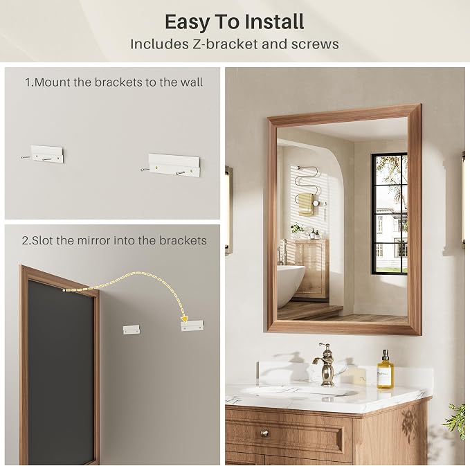 36x36 Inch Bathroom Mirror for Wall, Anti-Rust Walnut Wood Grain Metal Framed - Image 5
