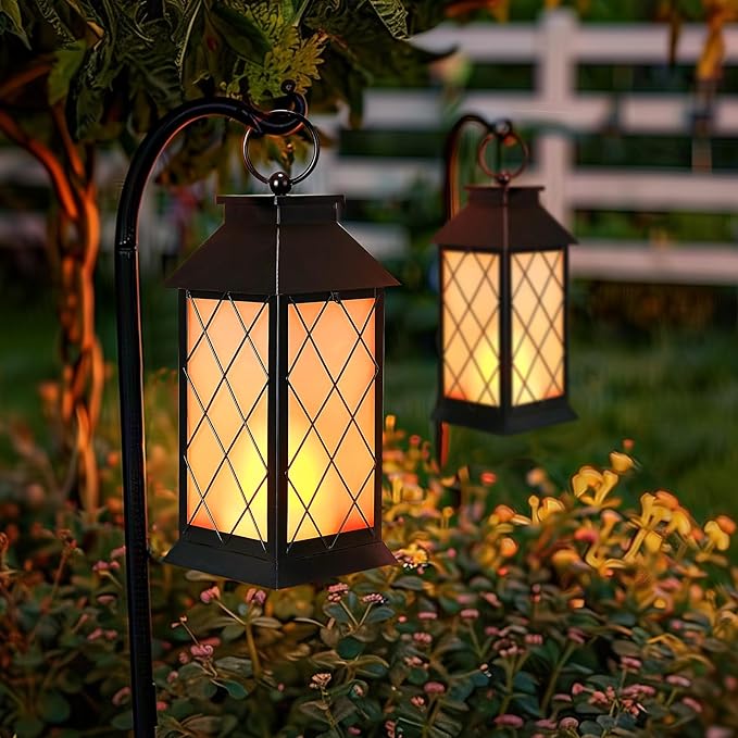 18" Solar Lanterns Outdoor Waterproof, Glass Solar Flickering Flame Lantern Large Hanging Solar Lantern Metal Decorative for Patio Garden Backyard Outside Tabletop (Vintage Black)