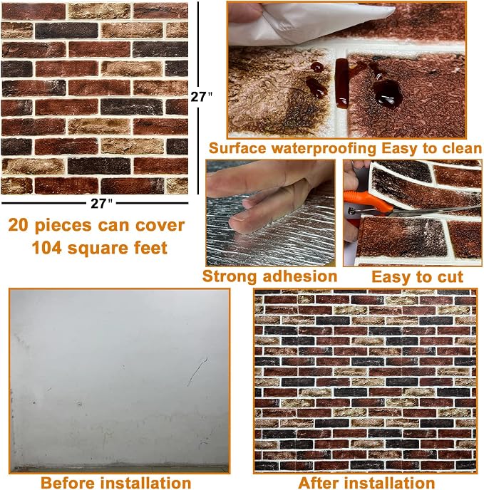 20-Pack 104 Sq.Ft 3D Wall Panels Peel and Stick 3D Faux Brick Wallpaper Peel - Image 6
