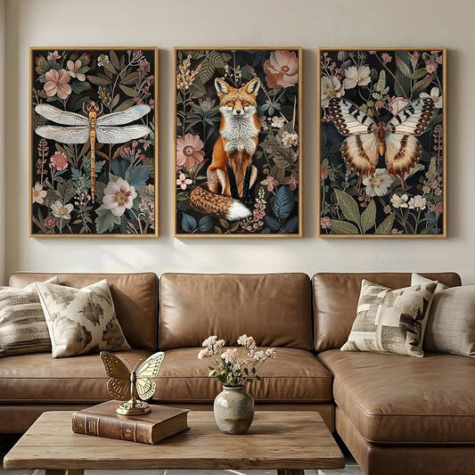 Framed Vintage Botanical Animal Wall Art Set of 3, Dark Floral Butterfly by Cuspin