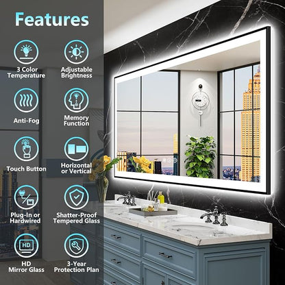 77x36 Black Framed LED Bathroom Mirror - Image 2