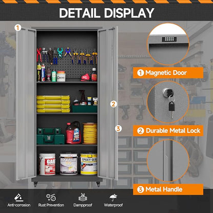 Garage Storage Cabinet with Wheels, Metal Storage Cabinet with 2 Doors and - Image 7