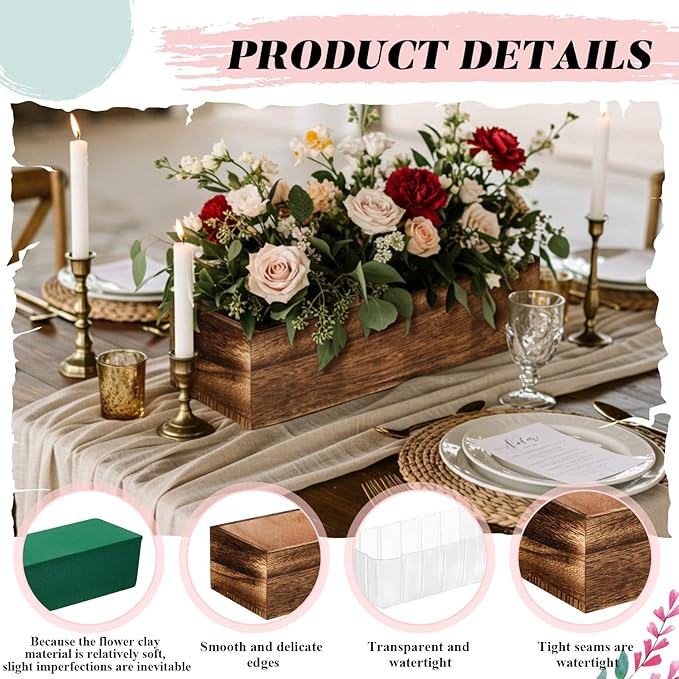 Dandat 3 Set Wood Boxes for Centerpieces Rectangle Wooden Planter Box Rustic Wood Planter with Removable Plastic Liner Floral Foam Blocks for Centerpieces Home Wedding Garden Decor (12x4 Inch)