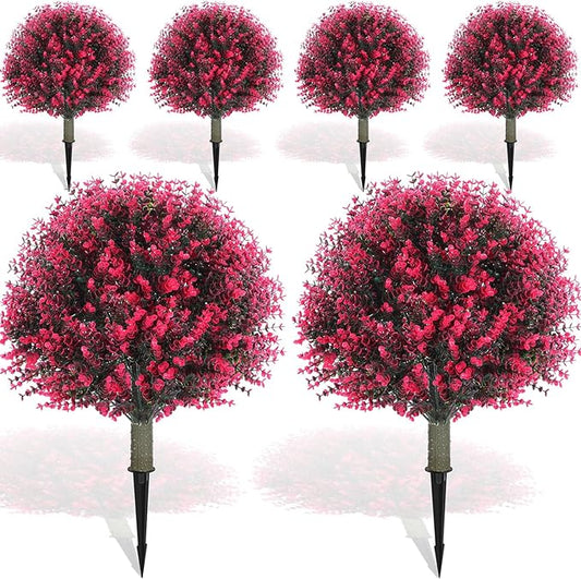 Yunlly 6 Pcs 18 Inch Artificial Boxwood Ball Topiary Tree Fake Outdoor Plants Bush, UV Resistance Faux Shrubs with Spike Realistic Greenery Potted for Indoor Garden Yard Porch Patio Decor (Rose Red)