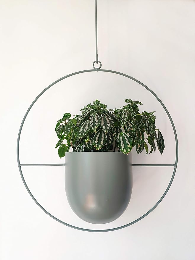 Boho Green Metal Plant Hanger,Metal Wall and Ceiling Hanging Planter, Modern Planter, Mid Century Flower Pot Plant Holder, Minimalist Planter for Indoor Outdoor Home Decor