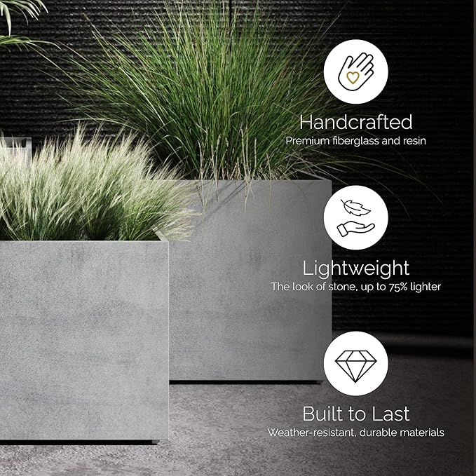 Reglito Cube Planter – Fiberglass Indoor/Outdoor and Weather-Resistant Large Planter (Sand Stone, 35.4" L x 35.4" W x 36" H)