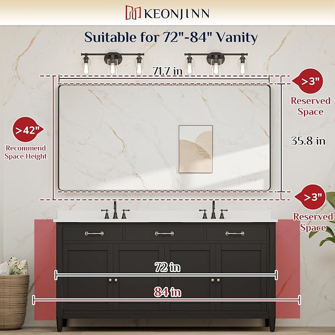 Keonjinn Black Bathroom Mirror for Over Sink, 72 x 36 Inch Large Rounded - Image 7
