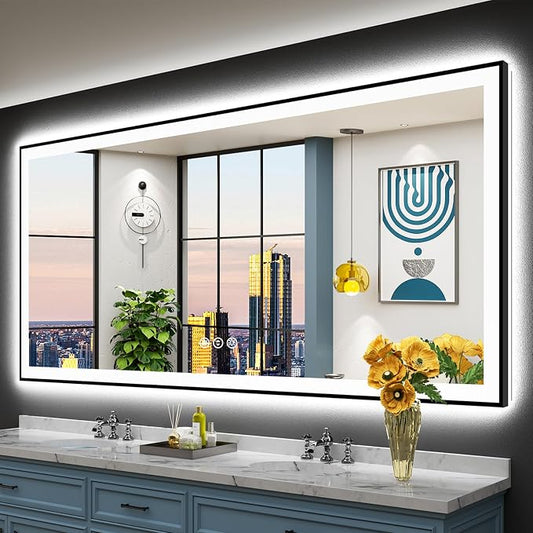 84x40 Black Framed LED Bathroom Mirror by Awandee