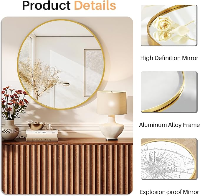 Bathroom Mirror for Wall, 24 Inch Round Mirror, Matte Gold Metal Framed Circle - Image 4