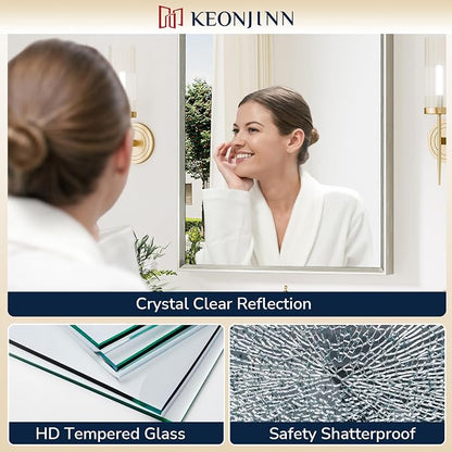 Keonjinn 30 x 36 Inch Brushed Nickel Bathroom Mirror, Beveled Rectangle Framed - Image 3