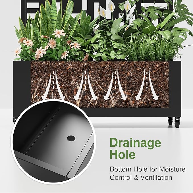 Casaphoria Metal Raised Garden Bed with Trellis, 59"x30"x12" Planter Box for Climbing Plants, Vegetables & Vines, Features Drainage Holes and Privacy Screen (Black-Spring)