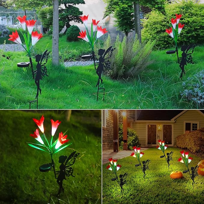 2 Pack Solar Lights Outdoor Waterproof, Outdoor Fairy Solar Lights for Yard with Flower Lights, Color Changing Solar Garden Lights, Solar Fairy Garden Decor for Patio, Lily Flower Light Gifts for Mom