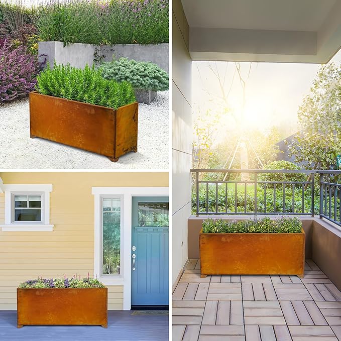 Stanbroil Corten Steel Planter Box for Outdoor Patio - 36 X12 X16 Inch Large Rectangular Metal Planter Box with Natural Rusty and Drainage Holes for Raising Flower, Plants