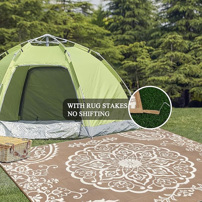Pauwer Waterproof Outdoor Rug 8x10, Reversible Plastic Straw Patio Camping Rug, Indoor Outdoor RV Mat Carpet for Deck, Camper, Porch, Balcony, Backyard, Picnic, Boho Brown