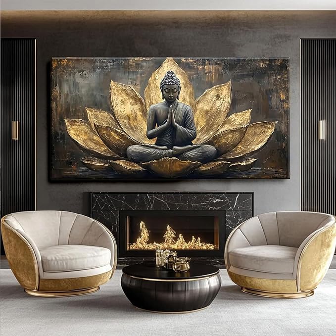 Large Buddha Lotus Canvas Wall Art Abstract Gold and Grey Zen Buddhism Decor - Image 3