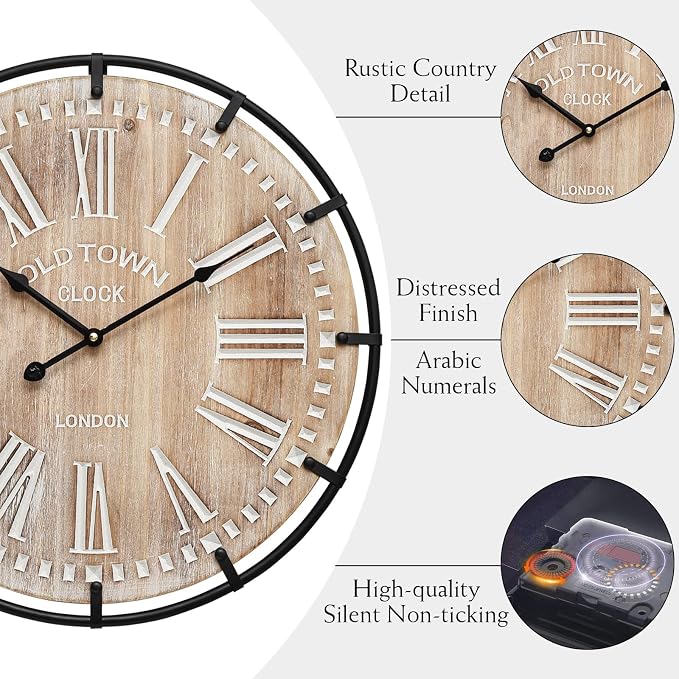 20 Inch Grand Farmhouse Wall Clock, Vintage-Inspired Wood & Metal Design - Image 7