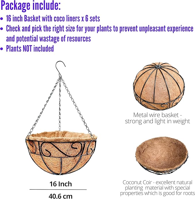 LaLaGreen Hanging Planter for Outdoor Plants (6 Pack, 16 Inch) Hanging Baskets with Coco Liner, Metal Wire Flower Basket Pots with Hook Hanger Balcony Porch Farmhouse Country Style Garden Decor