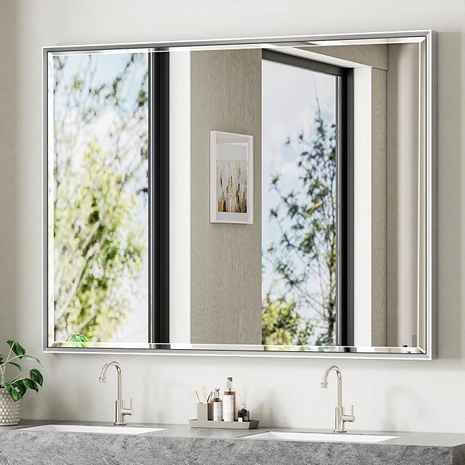 48 x 36 Silver Bathroom Mirror, Large Beveled Silver Bathroom Vanity Mirror by QUEENFUN