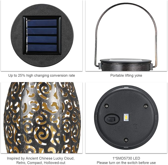 2 Pack Solar Lanterns, Hanging Solar Lantern Outdoor Lantern Solar Powered Lantern with Handle Metal Waterproof Decorative Solar Garden Lights for Patio Yard Pathway Walkway