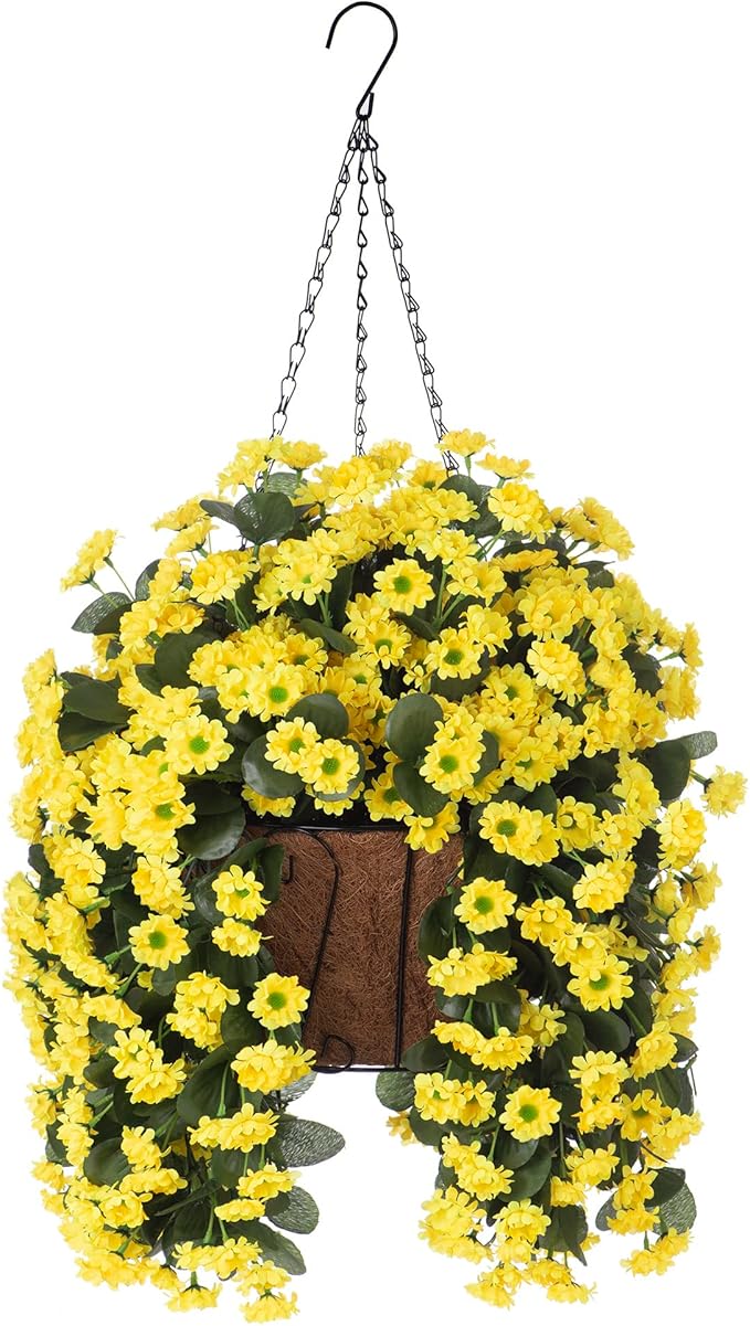 NXUGAO Artificial Flowers with Hanging Basket for Outdoors Indoors Decor, Faux Silk Chrysanthemum Plants in Baskets for Home Decoration Garden Yard Patio, 4 Bundles with 1 Basket