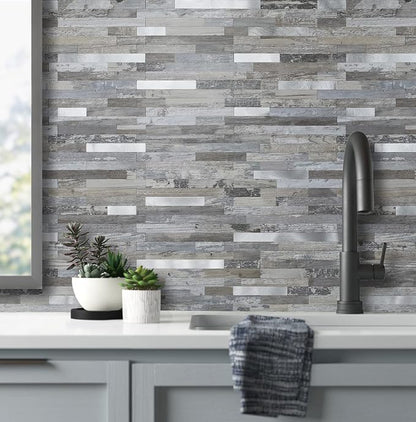 AULIGET 2-Sheet Peel and Stick Backsplash Wall Tiles, Distressed Wood Look PVC - Image 4