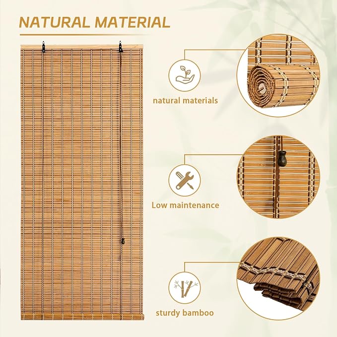 Natural Bamboo Window Blinds Roll Up Light Filtering UV Protection Shades - Image 4