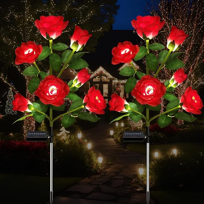 2 Pack Solar Garden Lights Outdoor, 7-Flower Rose LED Stake Light for Yard Patio Pathway Lawn Fence Cemetery, Red