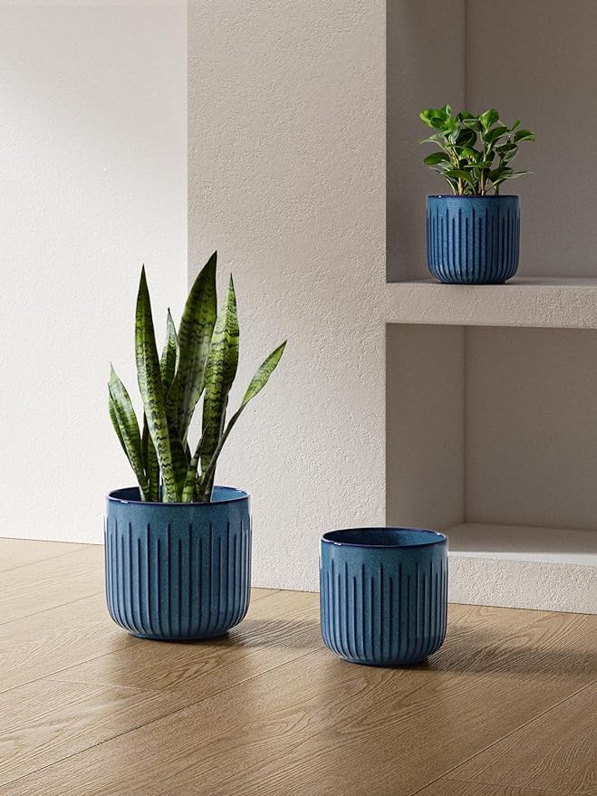 LE TAUCI Ceramic Pots for Plants, 8.3+6.9+5.7 inch Plant Pots Indoor, Flower Pots with Drainage Holes, Medium Cylinder Planters Pot for Indoor House Plants, Set of 3, Glaze Ocean Blue
