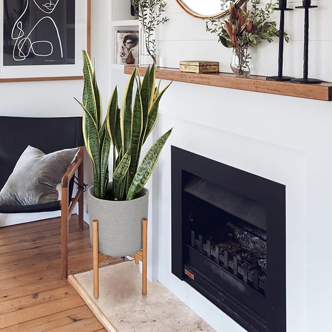 Grey Plant Basket, Woven Basket Planter for 10 inch Pot, Round Indoor Tree Pot Cover, Small Gray Storage Bin Organizer, Decorative Basket for Plants and Home Decor, 11”X11”