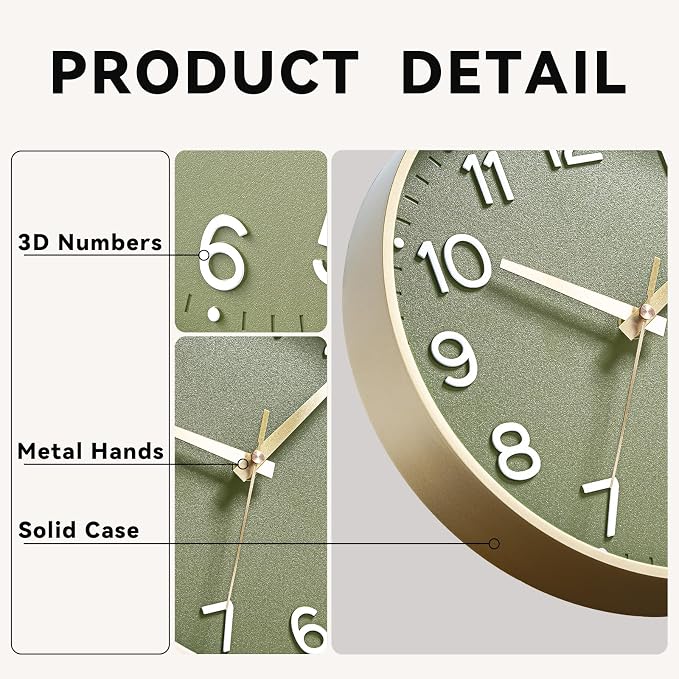 Roymnie Wall Clock 14 Inch Silent Green Wall Clocks Battery Operated- Modern - Image 8