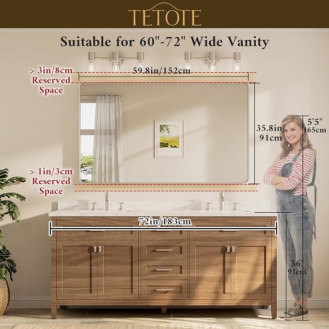 TETOTE 60 x 36 Inch Mirrors for Bathroom, Brushed Brass Gold Vanity Mirror - Image 8