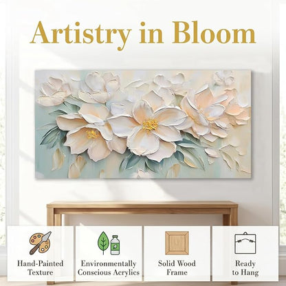 Anolyfi White Textured Flowers Canvas Wall Art - Image 3