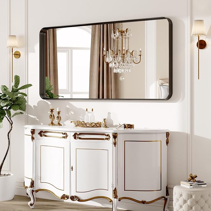60X28 Inch Black Metal Framed Bathroom Mirror - Image 9