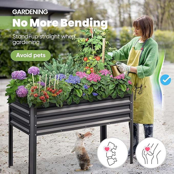 KING BIRD Large Raised Garden Bed with Legs Galvanized Elevated Planter Box 48×24×30 in for Backyard, Patio, Balcony, 400lb Capacity, Dark Grey