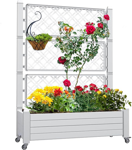 YITAHOME 43.3x17.7x61 in Planter Trellis Box with Wheels & Drain Plug, Outdoor Resin Raised Garden Bed for Climbing Plants, Large Weather-Resistant Design, Grayish-White