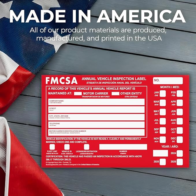 100 Pack Buck Aluminum Annual Vehicle Inspection Label with Punch Boxes, 2 Mil Red FMCSA Self Adhesive Sticker, DOT Compliant, Weatherproof, Tear Resistant, Easy to Write On, 6" x 3.5" - Made in USA