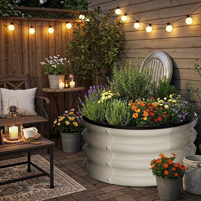 ZXZYHFTY Round Galvanized Raised Garden Bed kit,White Outdoor Garden Raised Planter Box, Round Large Metal Raised Garden Beds for Vegetable 2 * 2 * 1ft 1Pack