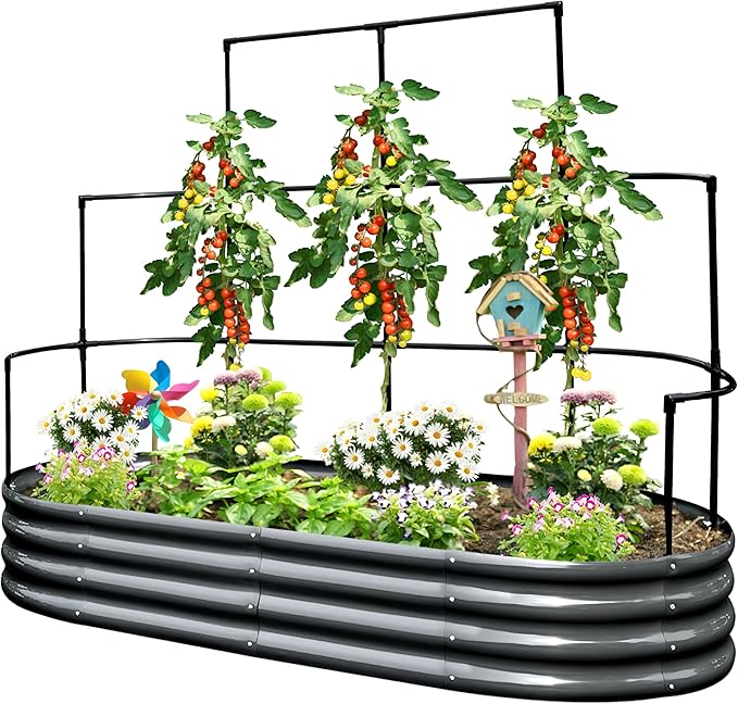 KING BIRD Raised Garden Bed with Wall Trellis Galvanized Planter Garden Box Outdoor for Gardening, Climbing Vegetables, Flowers 5.9x2.95x0.98 Ft, Dark Grey