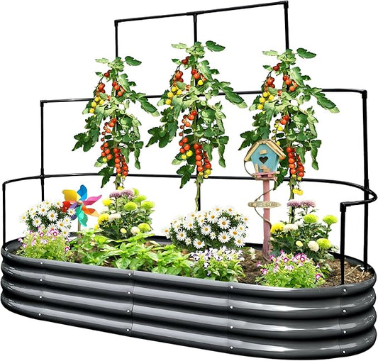 KING BIRD Raised Garden Bed with Wall Trellis Galvanized Planter Garden Box Outdoor for Gardening, Climbing Vegetables, Flowers 5.9x2.95x0.98 Ft, Dark Grey