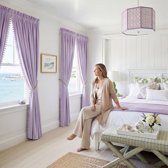 NICETOWN Lilac Purple Velvet Curtains 96 Inch Length – Pom Pom Room Darkening - Image 2