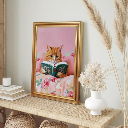 Fantasy Artists Gold Framed Wall Art Prints, Cute Orange Cat Reading a Green - Image 5