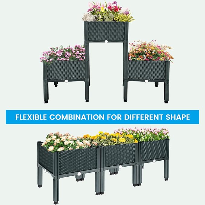 MAYOLIAH Raised Garden Bed with Drainage Elevated Planter Box Plastic Raised Beds for Gardening Vegetables Herb Flowers, Perfect for Indoor Outdoor Planting, 3 Boxes Grey
