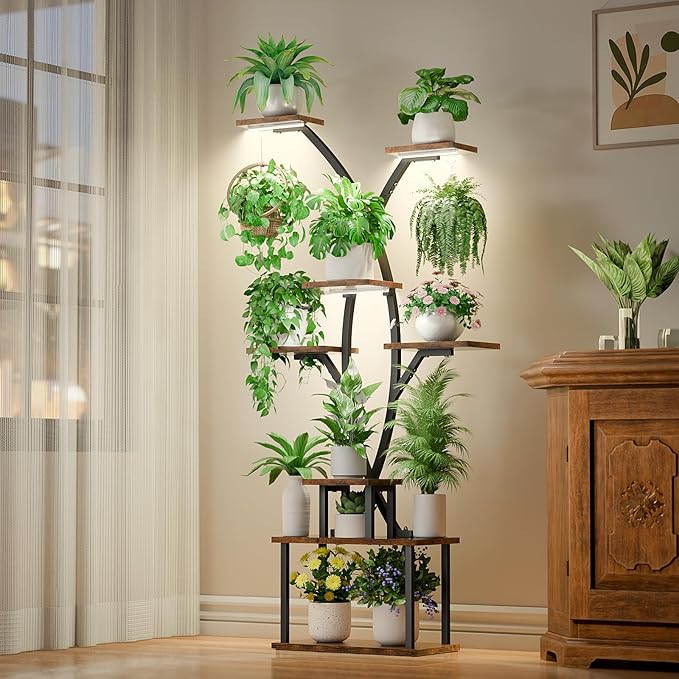 64.8" Tall Plant Stand Indoor with Grow Lights, 7 Tiered Metal Corner Plant Shelf Display Rack for Indoor Plants, Large Flower Holder Stand for Living room, Patio, Bedroom